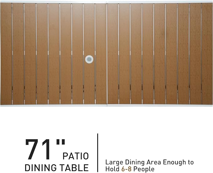Outdoor Dining Table for 8 Person, 71" Aluminum Patio Dining Table with 1.6" - 2" Adjustable Umbrella Hole, Slat Rectangle Table with Wood Like Table Top for Backyard Garden