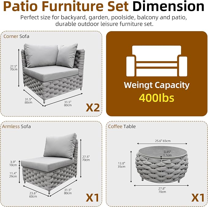 TWT 4 Piece Patio Furniture Set, All-Weather Outdoor Sectional Sofa with Coffee Table, Modern Conversation Couch Set, for Backyard Porch Garden Poolside Apartment Balcony,Light Grey