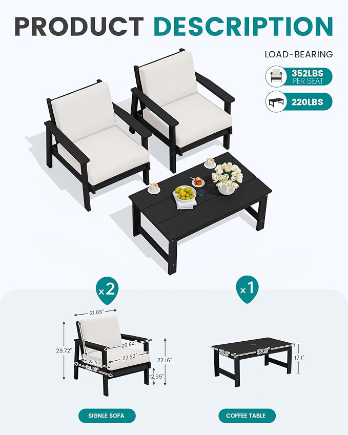 SERWALL HDPE Outdoor Couch, Black Frame and Khaki Cushion