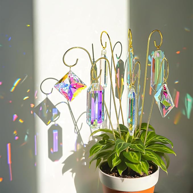 7 Pcs AB Colored Crystal Suncatcher Small Trellis Golden Plant Potted Stake | Crystal Plant Suncatcher Glass Garden Stakes for Potted Plants Indoor Outdoor Decorative Plant Stakes 13.7 Inch