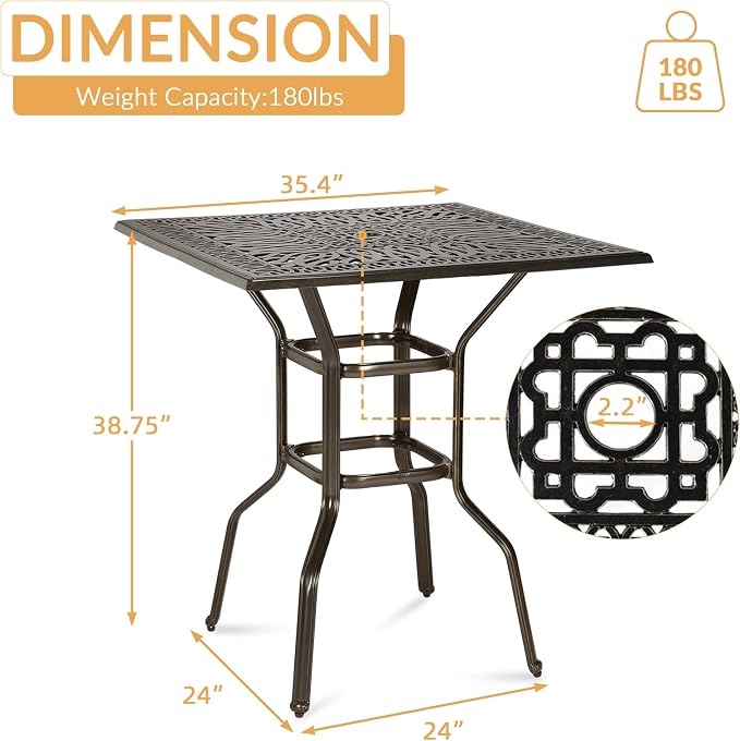 Cast Aluminum Patio Bar Table, 35.4" Outdoor Bar Height Bistro Table with 2.2" Umbrella Hole, Patio Bistro Square High Top Dining Table Pub Table for Porch Balcony Backyard, Dark Bronze