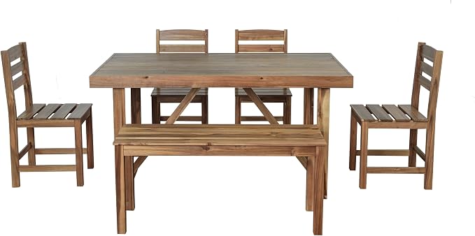 RuiSiSi Outdoor Dining Sets for 6, Acacia Wood Patio Table and Chairs Set with Bench and 4 Chairs for Balcony, Backyard, Garden, Poolside, Natural