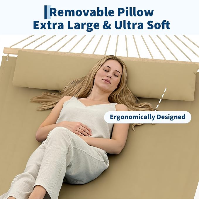 Double Quilted Hammock with Wooden Spreader Bar, 2 Person for Outdoor Without Stand, Patio Backyard Poolside, Brown-Yellow