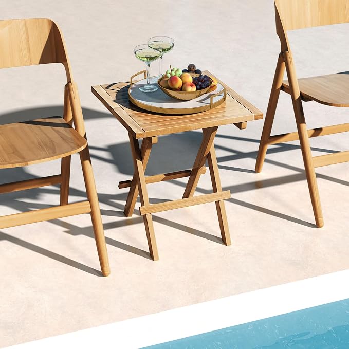 RELAX4LIFE Folding Outdoor Side Table - Set of 2 Teak Wood End Table, Square Coffee Bistro Table w/Slatted Tabletop, Portable Picnic Camp Table for Poolside Porch Garden, Foldable Small Patio Table