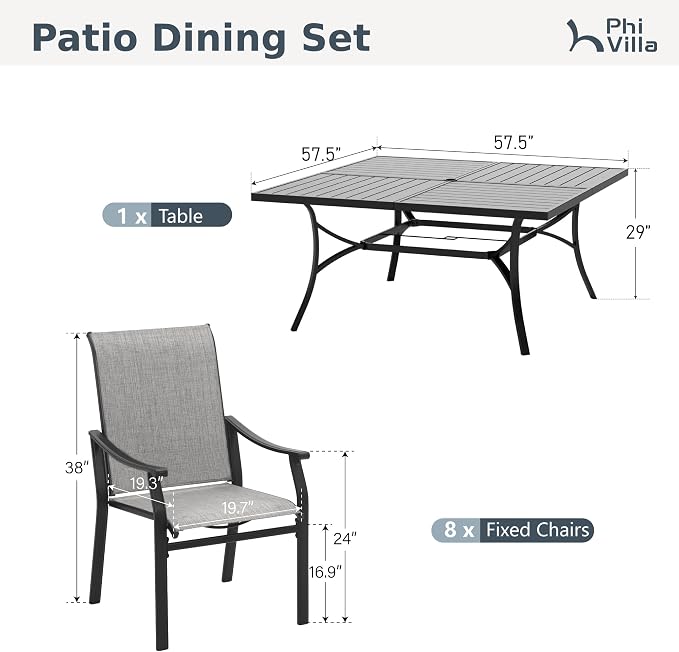 PHI VILLA Outdoor Patio Dining Set, Square Metal Table & 8 Textilene Chairs | 9 piece, Weather-resistant, Breathable & quick-drying, Umbrella hole, Patio deck backyard