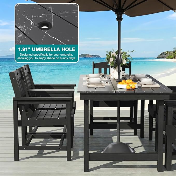 Mdeam 7-Piece HIPS Outdoor Dining Set, 66.9" Marble Texture Patio Table with Umbrella Hole, 440LBS Capacity, 6 Wider Chairs,Dining Table Set for 6, Outdoor Furniture with Galvanized Steel Frame, Black