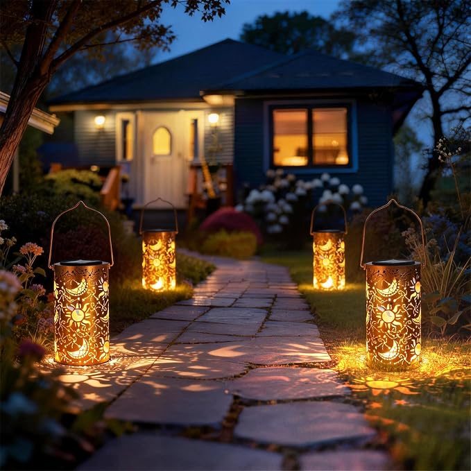 DIBIEECN Birthday Gifts for Women Mom Grandma Wife, Solar Lanterns Outdoor Waterproof, Metal Hanging Lights Garden Decor, LED Decorative Lantern for Patio Porch Backyard, Sun and Moon, 1 Pack