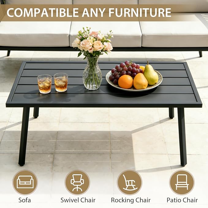 Patio Coffee Table, Rectangle Outdoor Coffee Table with Wood Grain Tabletop for Patio, Balcony and Garden, Black