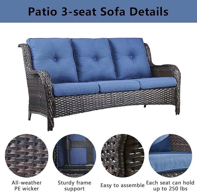 Belord Wicker Patio Furniture Sets - 8 Piece Rattan Outdoor Furniture Conversation Sets with 4 Swivel Rocker Chairs, Rattan Sofa, Wicker Ottomans and Coffee Table, Brown/Blue