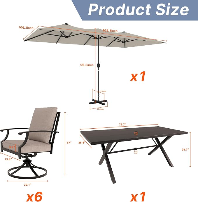 Gotland 7 Piece Outdoor Dining Table and Chairs for 6 with 14Ft Double-Sided Umbrella, Patio Swivel Dining Chairs for 6, Rectangular Patio Dining Table with Umbrella Hole Outdoor Patio Set