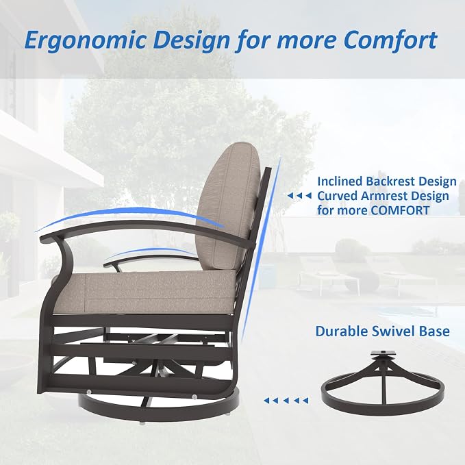 ALAULM 3 Piece Aluminum Outdoor Swivel Armchairs High Back Metal Swivel Rocking Chairs with 5.1" Sponge Cushions &1 Coffee Table for Patio, Porch, Backyards, Garden(Sand)