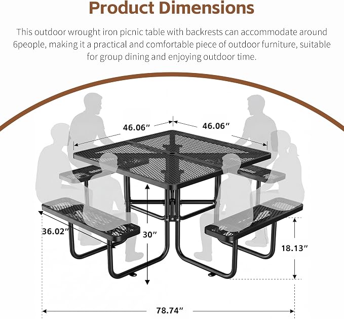 46" Square Metal Picnic Table with 1.73" Umbrella Hole, Commercial Steel Picnic Table, Heavy Duty Picnic Tables with Benches for Outdoor Garden Courtyard BBQ, Black