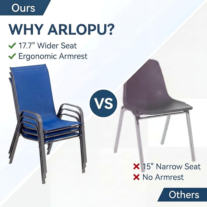 Arlopu 7-Piece Outdoor Table and Chairs for 6, Outdoor Dining Set W/Rectangle Glass Table and 6 Patio Textilene Stackable Chairs, Patio Furniture Set W/Umbrella Hole (Grey Table & Navy Blue Chair)