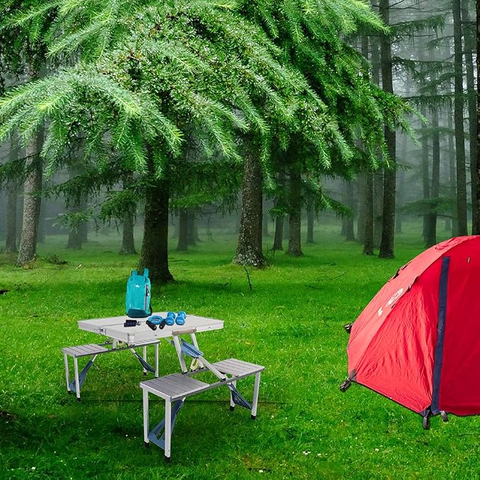 4-person Picnic Folding Table,Height Adjustable Table with 4 Seats Indoor Outdoor Portable Suitcase Table Game Table with Bench