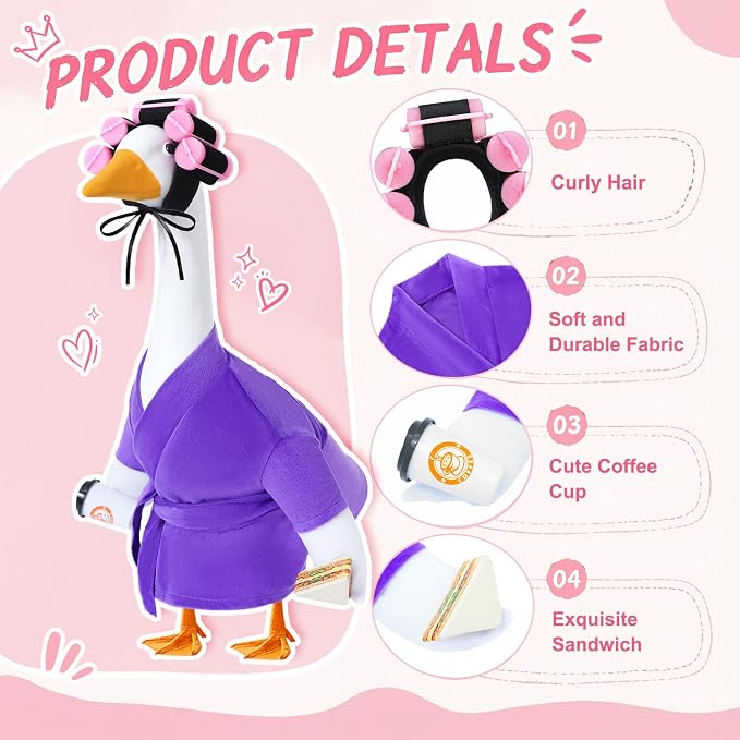 Lady Porch Goose Bathrobe Outfits Fits 23" Concrete Goose Statue | Funny Winter Porch Goose Outfit Old Lady Geese Costume with Curlers Coffee Cup for Outdoor Yard Garden Patio Decor(Violet)