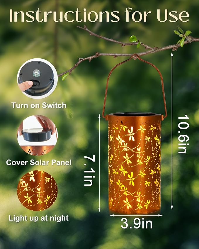 DIBIEECN Birthday Gifts for Women Mom Grandma Wife, Solar Lanterns Outdoor Waterproof, Metal Hanging Lights Garden Decor, LED Decorative Lantern for Patio Porch Backyard, Dragonfly, 4 Pack