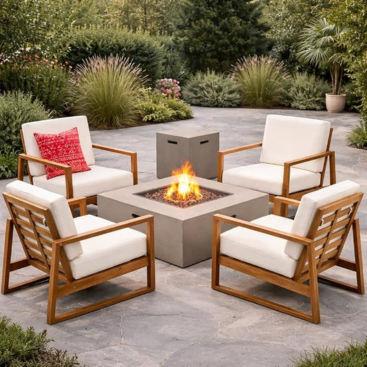 Christopher Knight Home Belgian Patio Furniture Set with Fire Pit Table and Tank Holder, Outdoor Conversation Set with Fire Table, Acacia Wood Lounge Chair Outdoor Set of 4, Teak+Cream+Light Grey