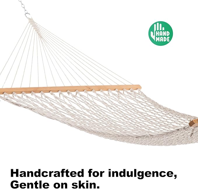 GAFETE Double Hammocks for Outside, Handwoven Traditional Cotton Rope 2 Person Hammock with Hardwood Spreader Bar, Chains & Hooks for Indoor Outdoor, Max 450 lbs Capacity (Natural Beige, Medium)