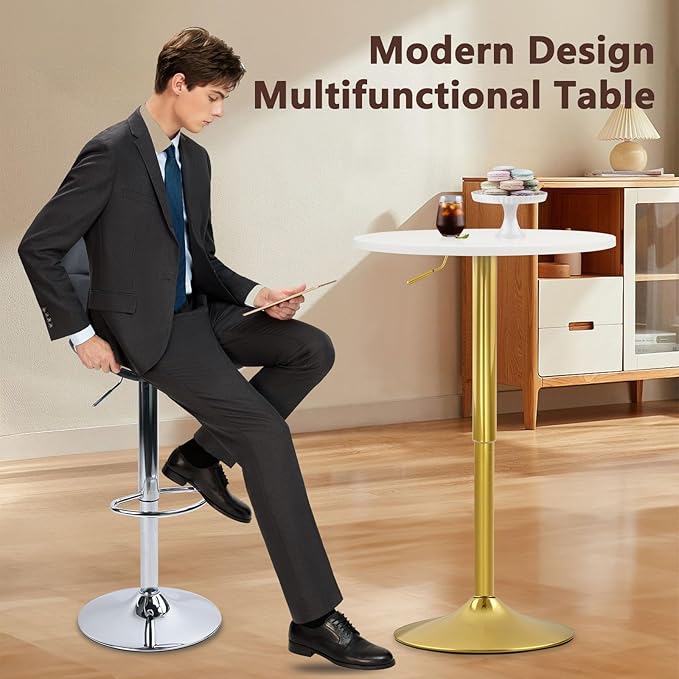 CLATINA Round Bar Pub Tables Set of 8, 26"-36" Height Adjustable Bistro Table with Gold Base, 360° Swivel High Top Cocktail Table for Home Kitchen Party Drink Restaurant Wedding Cafe Reception, White