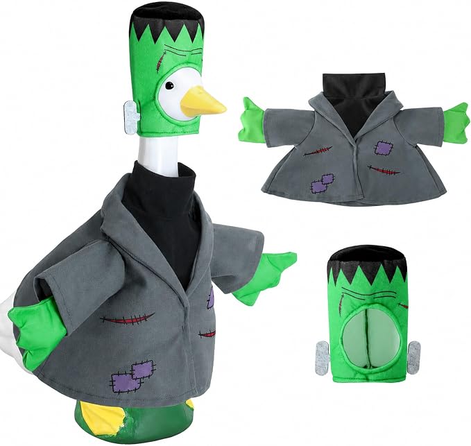 Watayo 2 Pcs/Set Halloween Monster Goose Outfits, Porch Goose Statue Monsters Costume, Grey Lawn Goose Monster Clothes with Hat for 23" Statue Halloween Fall Outdoor Patio Garden Yard Decor