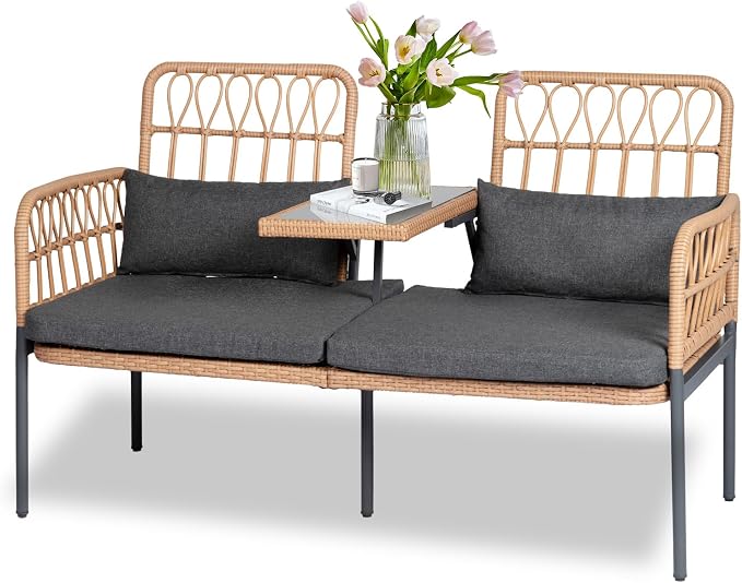 Outdoor Loveseat 2 Pieces Patio Furniture Set, Porch Furniture Wicker Large Loveseats, Patio Conversation Sets with Cushions & Lumbar Pillows and Built-in Table