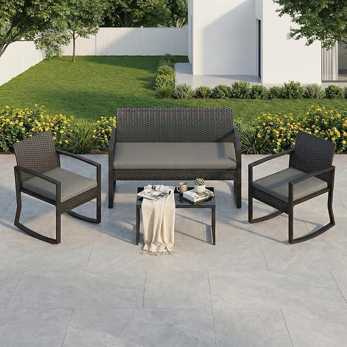 Garvee 4 Piece Patio Furniture Set, PE Rattan Outdoor Rocking Chair Conversation Set with Coffee Table, Outdoor Wicker Patio Table and Chairs Set for Patio, Porch, Backyard, Grey