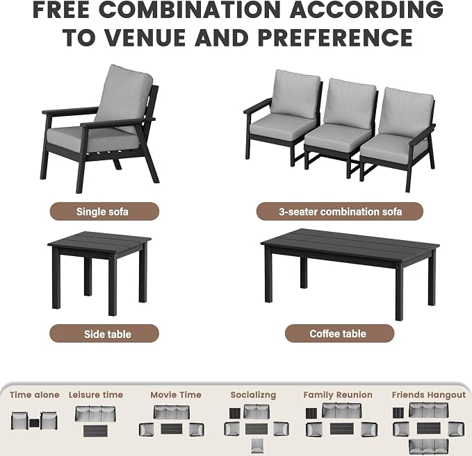 LOUNZY HDPE Patio Furinture Set, 6 Piece Sectional Sofa Outdoor Furniture Set, All Weather Outdoor Couch Set Patio Conversation Set for Deck, Lawn, Black