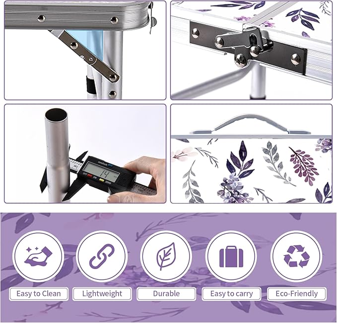 Yriuat Folding Camping Table 2ft Portable Picnic Table Adjustable Height Small Card Table Aluminum Foldable Lightweight with Carry Handle for Outdoor Indoor Hiking Camp BBQ Beach (Misty Lilac)
