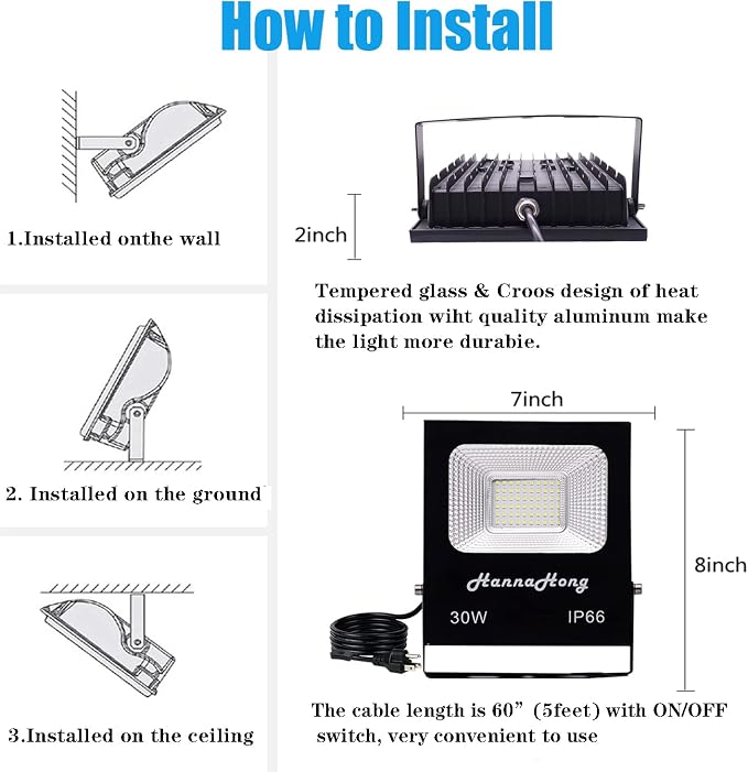 30W LED Flood Light Plug in with ON/Off Switch,Cool White,Bright Security/Work/Plant Grow Outdoor,IP66 Waterproof,Reflector Exteriore Spotlight Porch,Garage,Patio,Yard,Garden