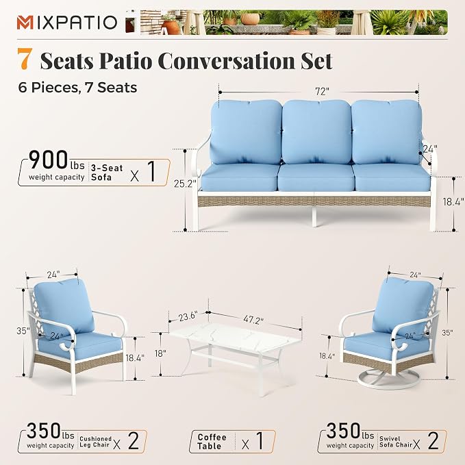 MIXPATIO 6 Piece Patio Furniture Set, 4 x Fixed Chair, 1 x 3-Seat Sofa with Marbling Coffee Table, All Cushioned 7 Seats Outdoor Conversation Set for Lawn Garden Backyard, Blue