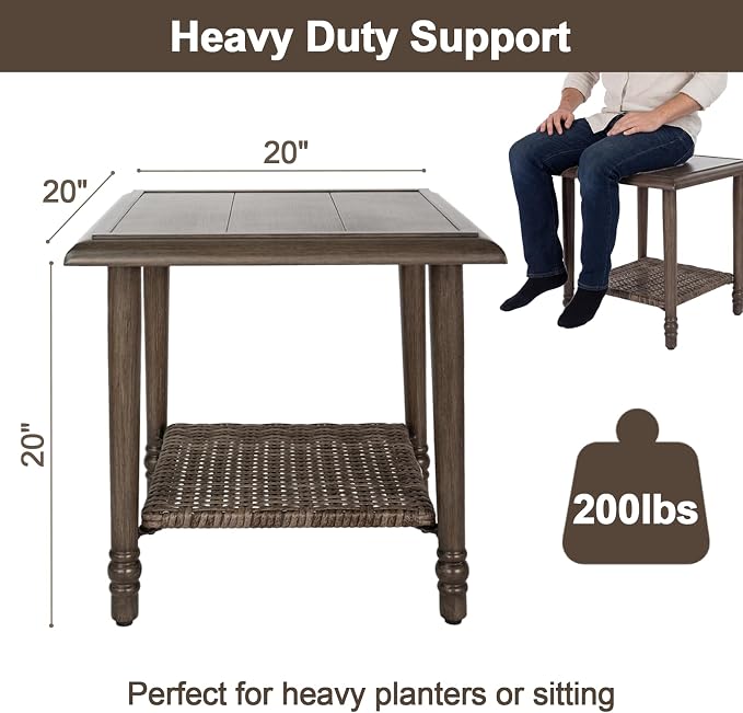 2PCS Wicker Outdoor Side Table, Heavy Duty Iron Patio Table for Porch Balcony Deck Garden Poolside