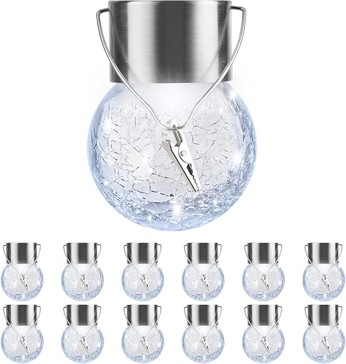 12 Pack Hanging Solar Lights Outdoor, Waterproof Solar Globe Lantern with Handle and Clip, Decorative Cracked Glass Ball Lights for Christmas Decor, Tree, Yard, Garden, Patio (Cold White)