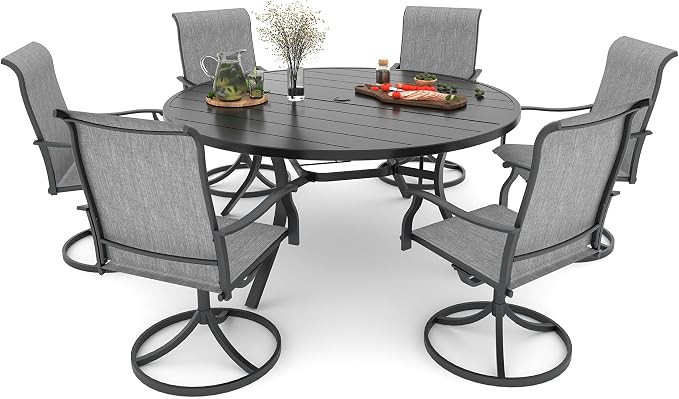 7 Piece Grey Patio Swivel Rocker Chairs and 54" Round Table Dining Set Sty1 | 6 Piece Swivel Chairs: High Back, Retro Armrest, Textilene Fabric, Rocking; 6 - 8 Person 54'' Metal Round Table