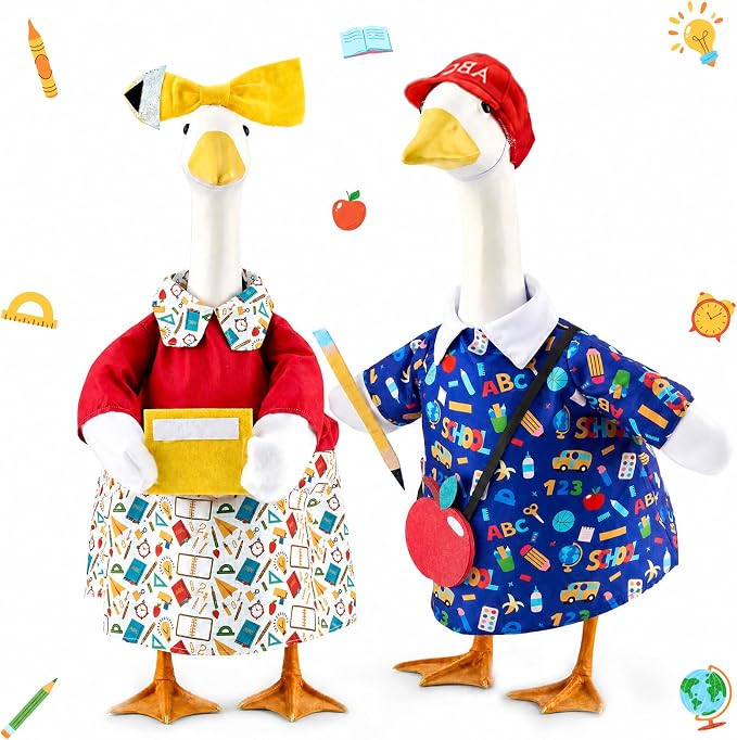 2 Set Back to School Porch Goose Outfit for 23" Cement Goose Statues | Concrete Plastic Classroom Geese Clothes with Apple Bag, Bow & Dress for Indoor Outdoor Yard Garden Patio Decor