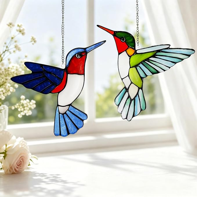 Hummingbirds Suncatcher Stained Glass, Hummingbird Suncatcher Ornament, Hummingbird Suncatcher for Grandma/Mom/Women (Green)