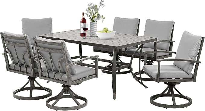 HAPPATIO 7-Piece Outdoor Dining Set - All Aluminum Patio Table and Chairs Set for 6 Includes 1 Rectangular Dining Table and 6 Swivel Dining Chairs with Cushions for Lawn, Garden, Backyard