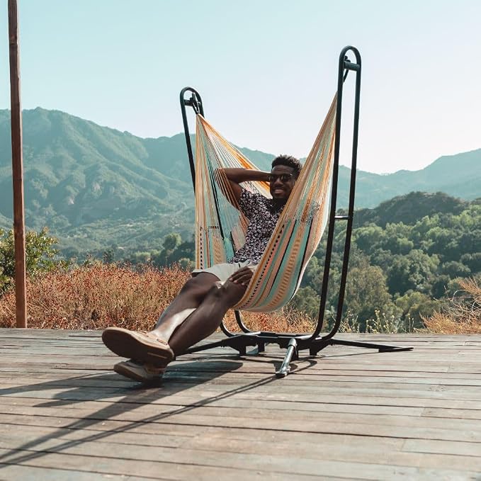 Handwoven Hammock & Charcoal Vista Stand by Yellow Leaf Hammocks - Hanging Chair, Fits 1 Person, 330lb max - Weathersafe, Easy to Hang & Setup, Ultra Soft, Artisan Made - Hammock Color: Navy Blue & W
