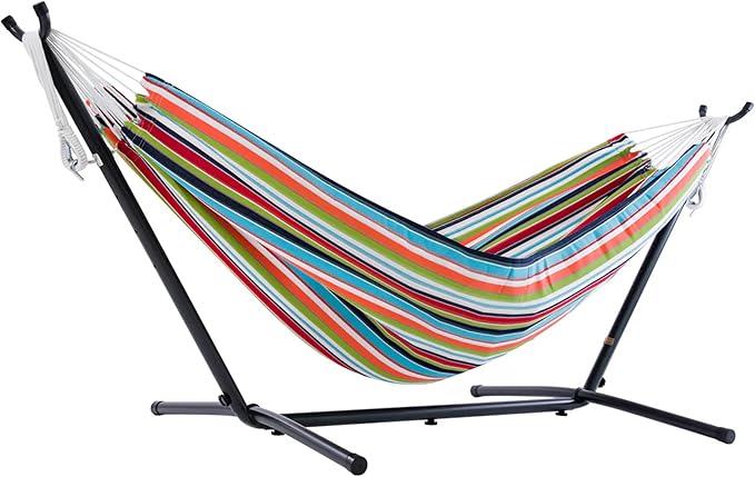 Vivere Double Hammock and Stand Combo – Durable, Comfortable, 450 lb Capacity, Heavy Duty Steel Stand, Tool-Free Assembly, Includes Carry Bag (Carousel Confetti)