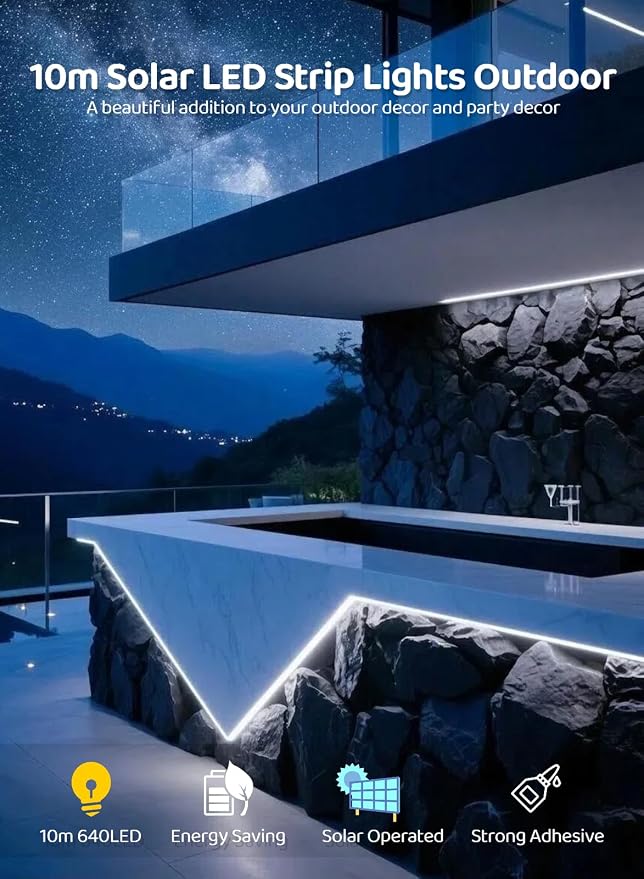 Gaoxun 32.8ft Solar LED Strip Lights Outdoor, 640 LED, Cool White Flexible Rope Light with Remote Control, Dimmable, 8 Modes, IP68 Waterproof Self-Adhesive Accent Lighting for Patio Pool Stair Decor