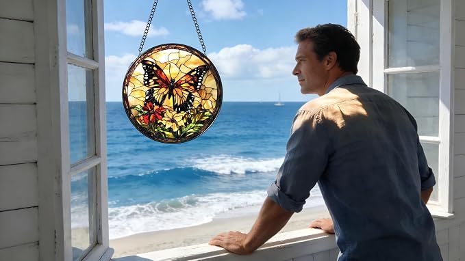 Stained Glass Window Hanging - Butterfly Red Flowers Yellow Flowers 6.3 Inches Suncatcher for Garden Home Decor for Women Mom Grandma Friends