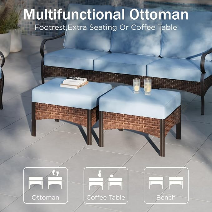 PHI VILLA Patio Furniture Set, Extra Large Wicker & Metal Outdoor Conversation Set Patio Sectional Sofa Set with Fixed Chair & Waterproof Thick Cushions for Porch, Poolside, Deck(7 Pieces, Blue)