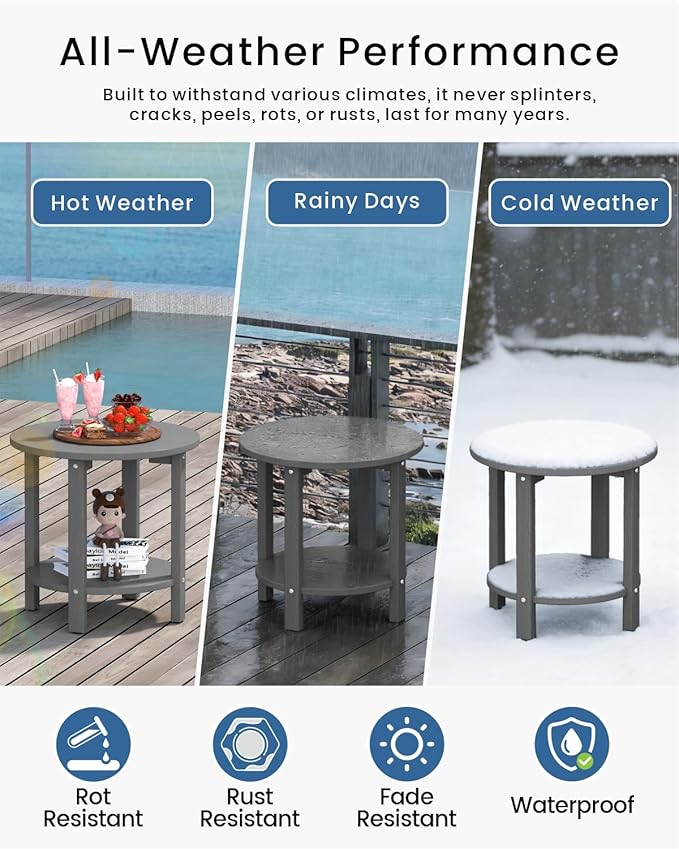 HDPE Round Outdoor Side Table, 18.1-Inch Weatherproof Small Outdoor Table for Adirondack, 2-Tier Patio End Table for Garden Backyard Porch Deck Balcony Poolside (Grey)