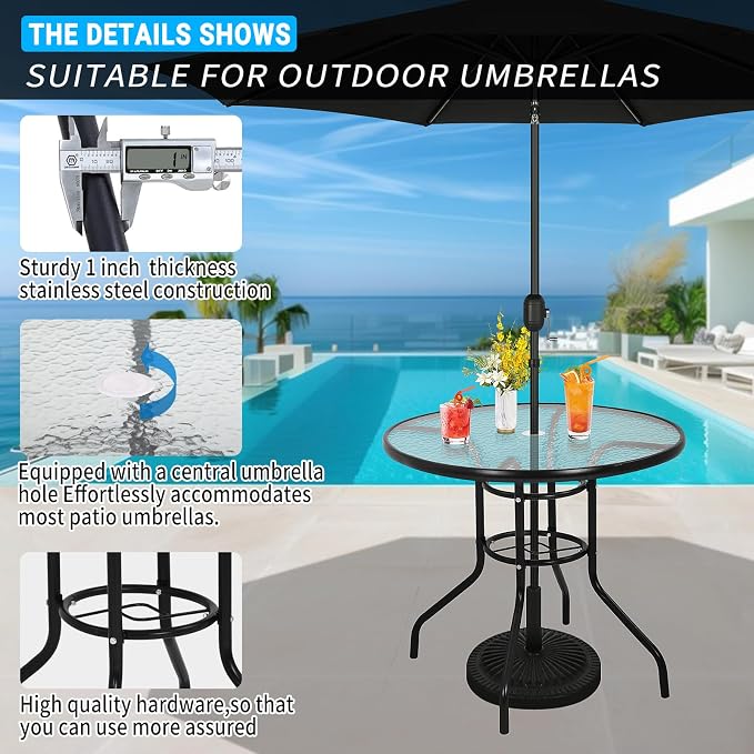 Outdoor Patio Table with Umbrella Hole, 32 inches Tempered Glass Top Round Patio Table,Conversation Coffee Table Metal Steel Frame All-Weather Furniture for Balcony, Backyard, Poolside (Round)