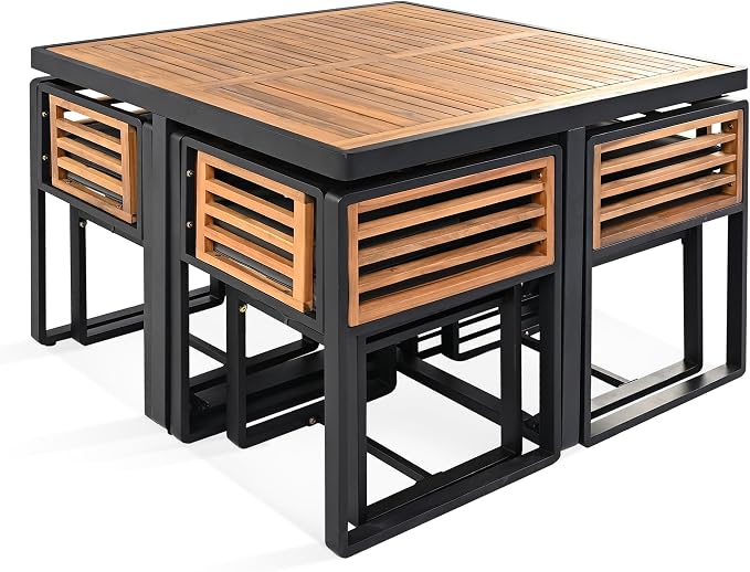 9-Piece Outdoor Patio Acacia Wood Dining Table Set, Square Table with 4 Cushioned Chairs& 4 Stools, All-Weather Resistant Conversation Set with Metal Frame, Space-Saving Design for 8 (Gray-1.8)
