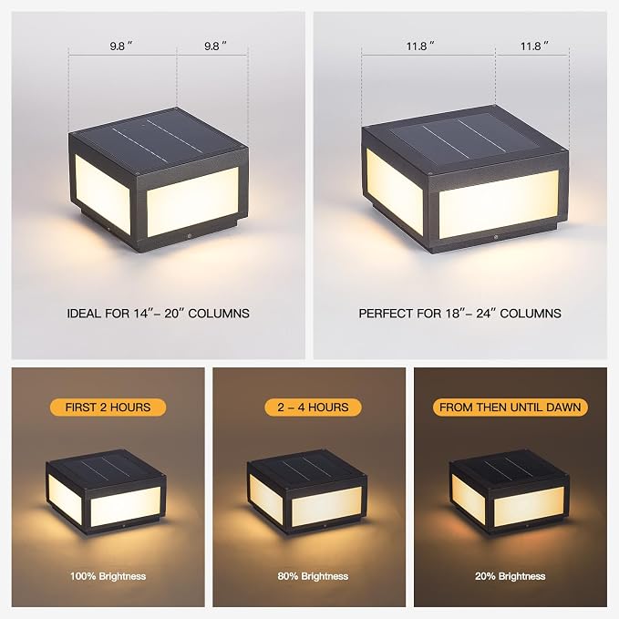 MVBT 12" Solar Post Lights Outdoor, Square Pillar Light, Large Column Light | 3000K LED Modern Column Light, Solar Power Aluminum Waterproof Post Lamp, Dusk to Dawn Lantern for Driveway Entrance Pillars