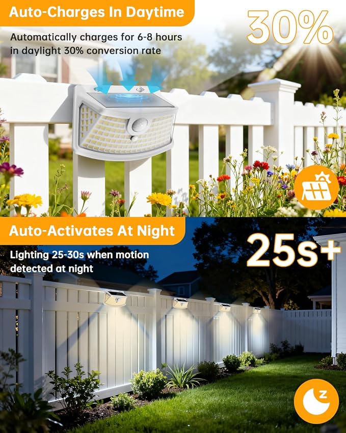 Aootek Solar Motion Sensor Lights Outdoor 120 LEDs, White, 6 Pack | Lights Reflector, 270° Wide Angle, IP65 Waterproof, Step Lights For Front Door, Yard, Garage, Deck