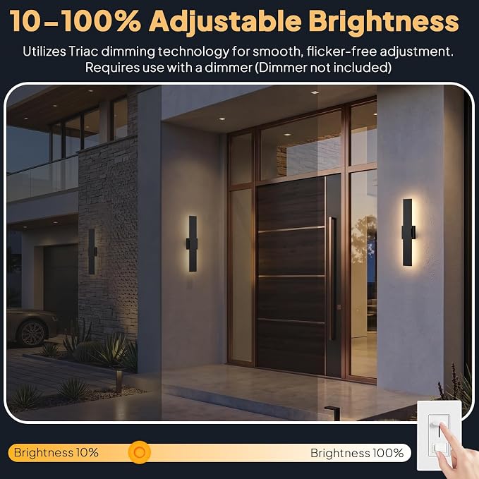 2 Pack LED Outdoor Wall Lights, 3CCT & 10%-100% Dimmable, 23.6" Linear Exterior Light Fixtures, IP65 Waterproof Outside Sconces for Porch Patio Garage House Facade