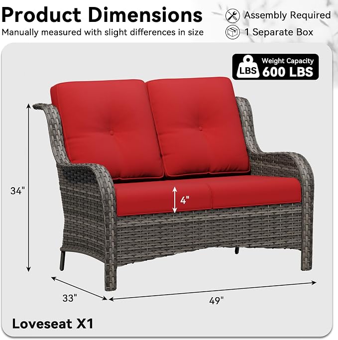 Wicker Patio Loveseat, 2 Seat Outdoor Couch with Thickened Olefin Cushions, High Back and Deep Seating, Hand-Woven PE Rattan for Porch, Deck, Balcony