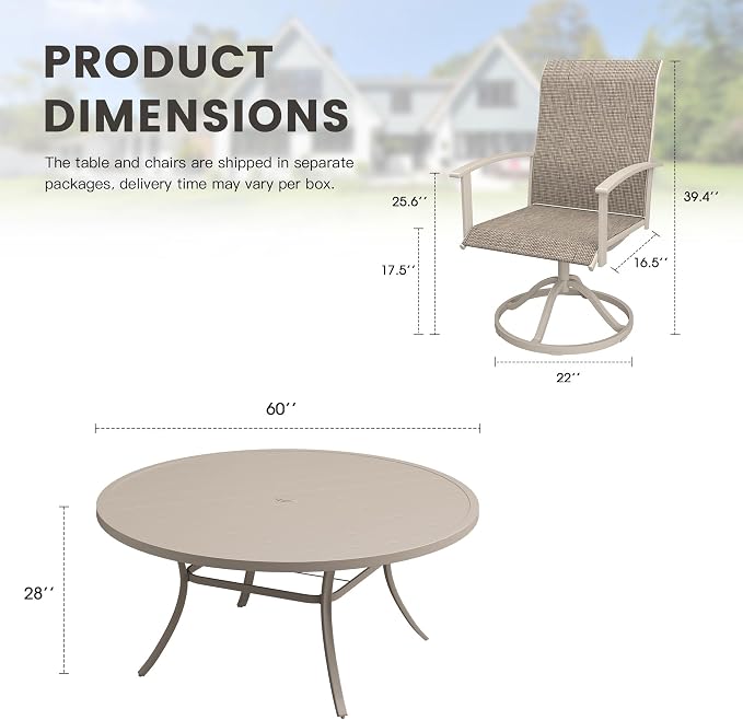 9 Pieces Round Patio Dining Set, Outdoor Furniture of 60" Round Patio Table and Patio Swivel Chairs for Backyard Lawn Garden, Sandshell Table and Sandshell Chairs