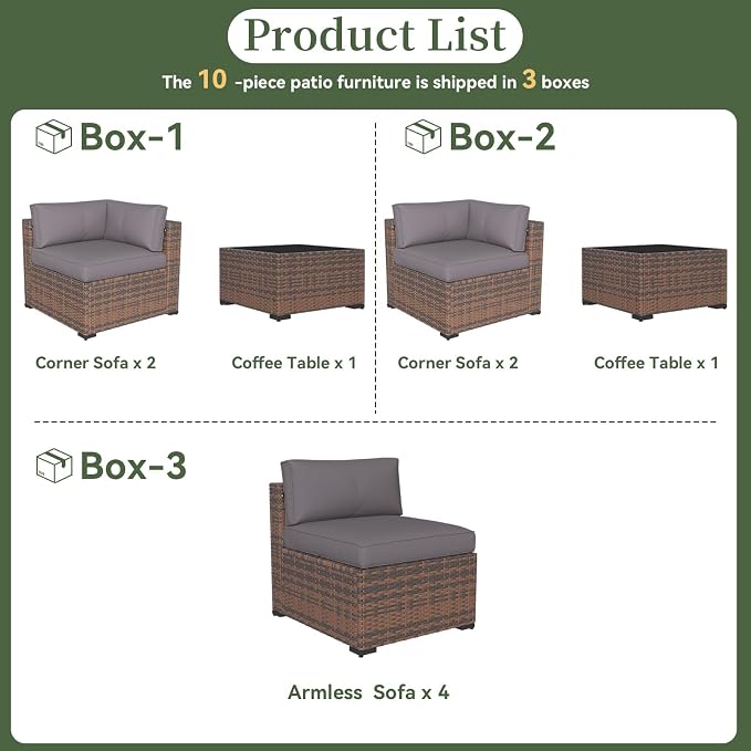 Aoxun 10 Piece Patio Furniture Set Wicker Rattan Patio Conversation Set Outdoor Sectional Sofa Set with Coffee Table and Thickened Cushions, Gray